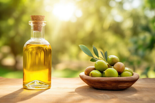 Amla oil in a transparent bottle on wooden table with raw Indian gooseberry fruit in a basket. Generative AI.