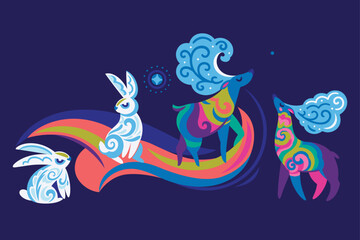 Reindeer and hare in whimsy shapes, folk illustration. North motif