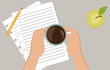 Paper, apple and coffee cup in hands. Vector illustration