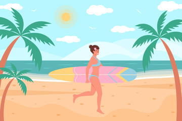 Woman in swimsuit with surfboard walking on the beach. Tropical palms around. Summertime, seascape, active sport, surfing, vacation concept. Flat cartoon vector illustration.