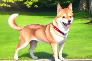 Naklejka na ściany i meble Shiba Inu, Happy Dog Enjoying a Sunny Day in the Park