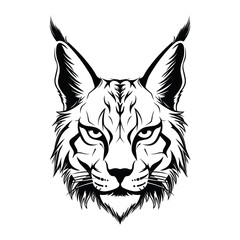 Wild lynx face, black and white vector design, isolated on white background. - obrazy, fototapety, plakaty