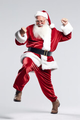 A man dressed as santa claus is jumping in the air. Generative AI. Santa Claus dancing, having fun. - obrazy, fototapety, plakaty