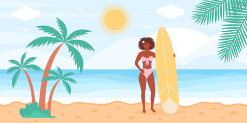 Fototapeta na wymiar African woman in swimsuit with surfboard on the beach. Seascape with tropical palms. Summertime, active sport, surfing, vacation concept. Flat cartoon vector illustration.