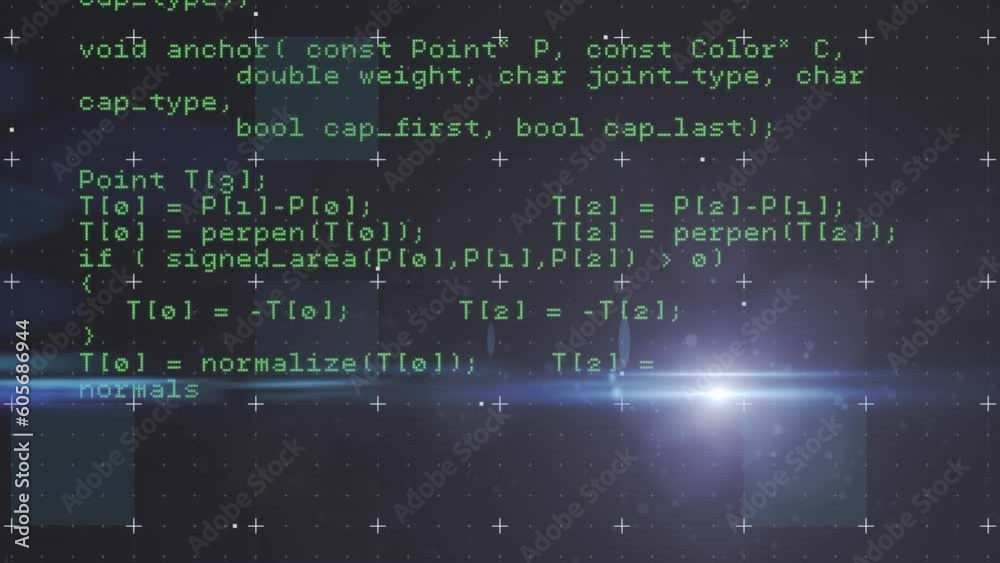 Wall mural animation of looping computer language over lens flares against black background