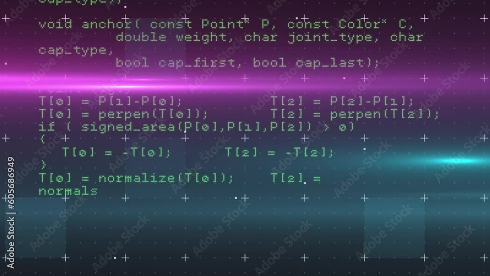 Poster animation of multicolored lens flares over computer programming language on abstract background