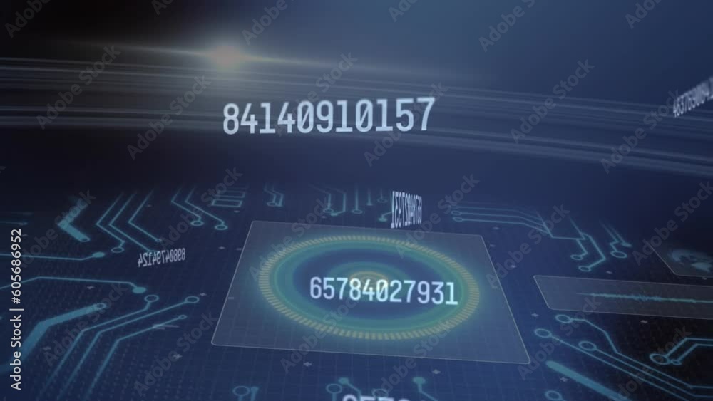 Poster animation of changing numbers over circles and circuit board pattern against abstract background
