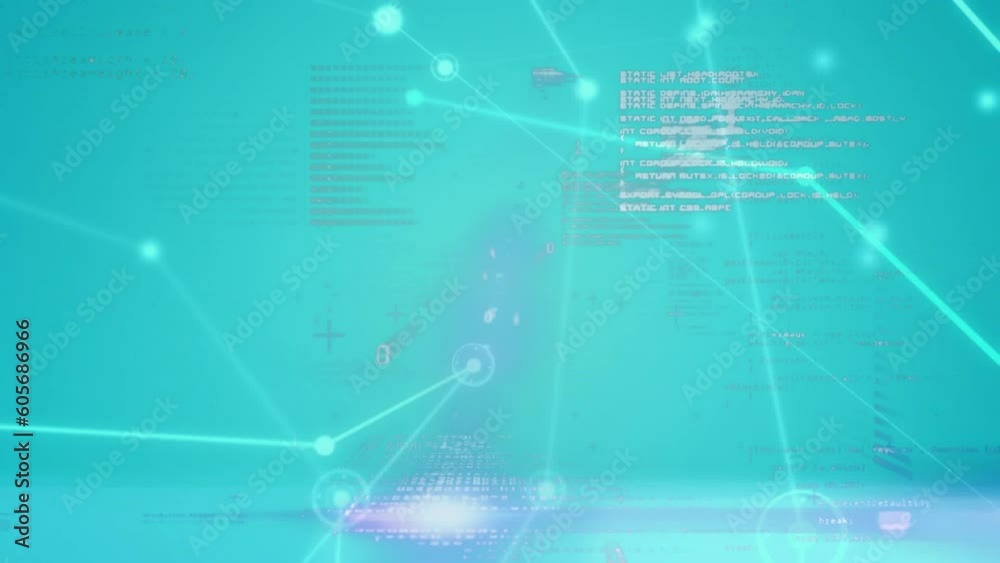 Poster animation of connected dots over computer language and binary codes against abstract background