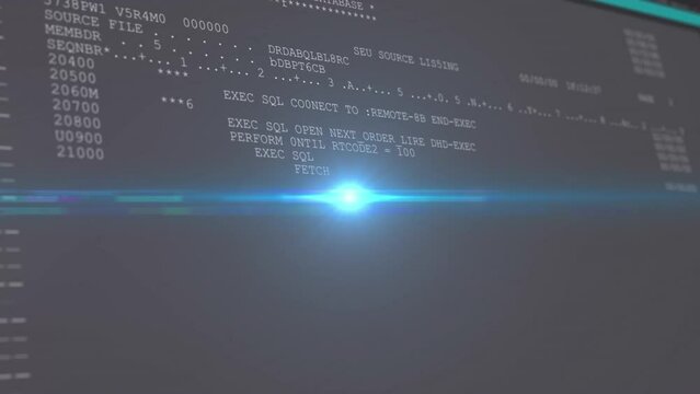 Animation of lens flare over numbers and computer language against black background