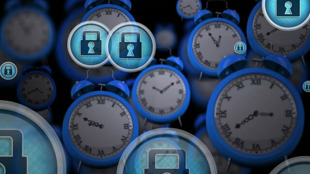 Animation of padlock icon in circles over multiple blue alarm clocks against black background