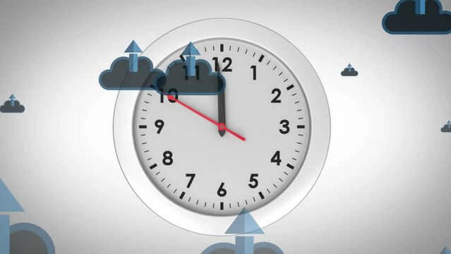 Animation of up arrows in clouds over clock against white background