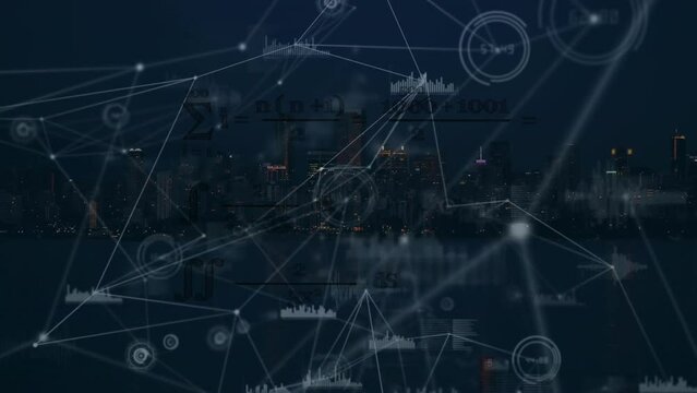 Animation of network of connections with data processing over city