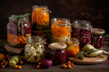 Fototapeta na wymiar Homemade canned vegetables in glass jars, preparation of pickled products for the winter, AI Generated