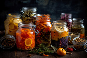 Homemade canned vegetables in glass jars, preparation of pickled products for the winter, AI Generated