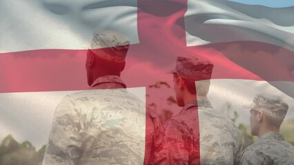 Animation of flag of england over diverse male soldiers saluting - Powered by Adobe