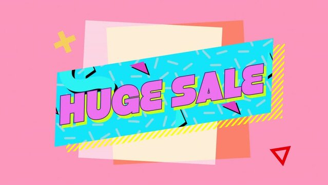 Animation of huge sale text over colourful shapes