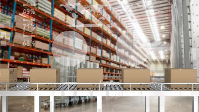 Animation of data processing and world map over boxes on conveyor belt in warehouse