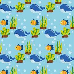 Fototapeta na wymiar Sea pattern with fishes, whale, summer pattern