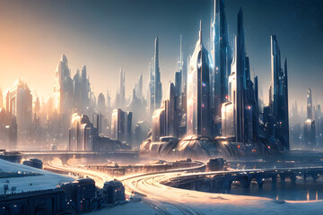 Obraz premium a masterpiece! beautiful! magical! shining! beautiful futuristic city of the future 2100, Winter landscape. artstation,matte,clear focus, 8k, Generative AI, Generative, AI