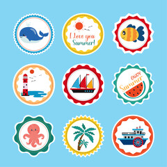 Summer cute icons, stickers, hello summer, fish, boat, whale, octopus, sun