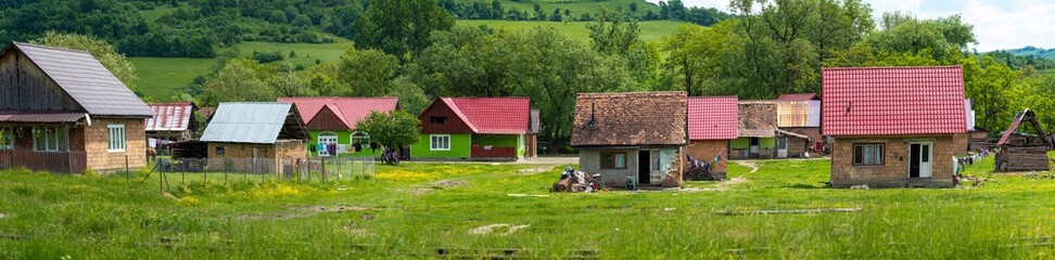 panoramic view of a neighborhood of houses belonging to citizens of the Gypsy ethnicity in the village of Calugareni - Romania