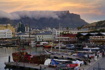 Victoria and Albert waterfront and harbor at sunset, Cape Town, South Africa