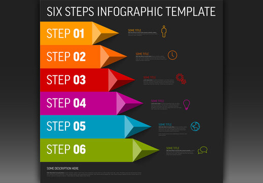 Simple dark infographic with title and six steps on solid stripes with arrows