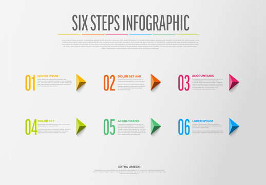 Six horizontal step items elements template with icons and triangle arrows