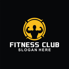 vector illustration of a gym logo, fitness emblem, sport label and barbell in monochrome shades