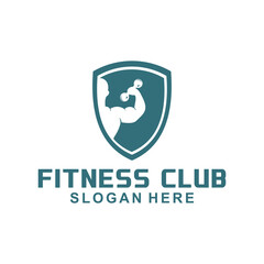 vector illustration of a gym logo, fitness emblem, sport label and barbell in monochrome shades