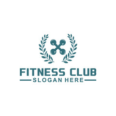 vector illustration of a gym logo, fitness emblem, sport label and barbell in monochrome shades