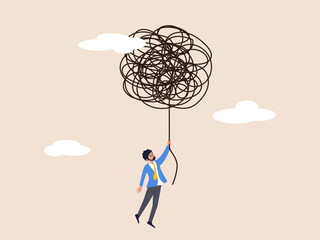 Confusion or business trouble concept. Unravel tangle problem, solving difficult knot chaos or messy issue, complicated or complex problem difficulty, businessman manager unravel tangled rope.