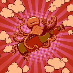 Concept with craft beer and octopus in pop art style for print and design.Vector illustration.