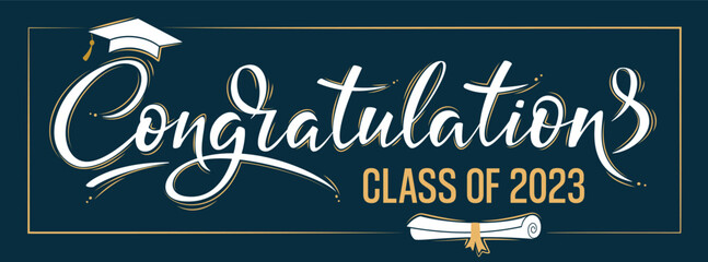 Congratulations Class of 2023 greeting sign on dark background. Academic cap and diploma. Congratulating banner. Handwritten brush lettering. Isolated vector text for graduation design, greeting card