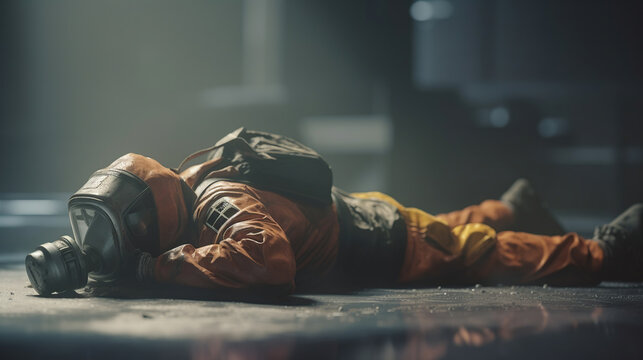 Chemicals worker in hazmat suit and gas mask lying down, safety work , Generative AI