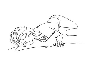 A woman laying on beach side is hand drawn in one line and line art style. Anime style body expression. Printable art.
