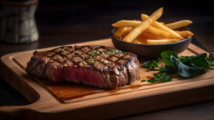 Fototapeta na wymiar roast beef steak with french fries on wooden table generative ai