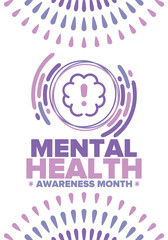 Mental Health Awareness Month in May. Annual campaign in United States. Raising awareness of mental health. Control and protection. Prevention campaign. Medical health care design. Vector illustration
