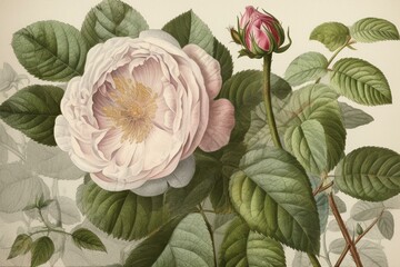 Vintage drawing of Rosa alba flore pleno by P. R. Redoute for Les Roses, printed by Firmin Didot, Paris in 1817-24. Generative AI