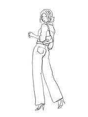 A woman posing in formal dress is hand drawn in one line and line art style. Anime style body expression. Printable art.