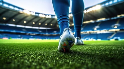 Stepping into Victory: A Close-Up View of Soccer Cleats on the Field, generative ai
