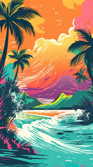 Fototapeta na wymiar A painting of a tropical scene with palm trees. Generative AI.