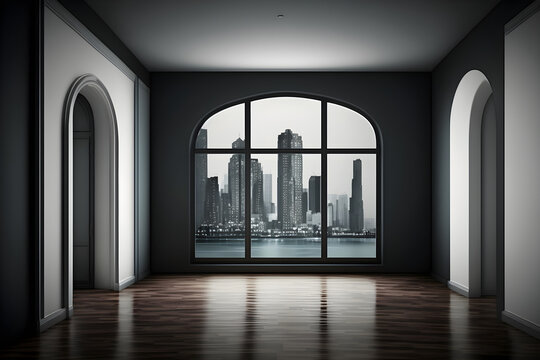Empty room of business or residence with city background