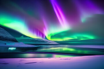 Aurora Borealis in the night sky above the sea. Pure Northern nature and northern lights - generative ai
