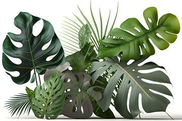 Horizontal artwork composition of trendy tropical green leaves - monstera, palm and ficus elastica isolated on white background (computer rendered)