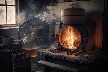 an old-fashioned evaporator with a fire burning underneath, boiling the sap to make syrup, created with generative ai - obrazy, fototapety, plakaty