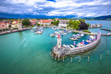 Town of Lindau on Bodensee lake harbor aerial view
