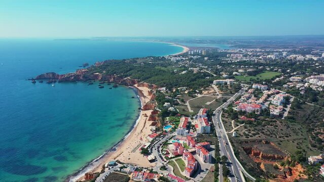Tourist Portuguese city of Portimao aerial view on a sunny day. South Portugal Algarve. views of the beaches vao and alemao.