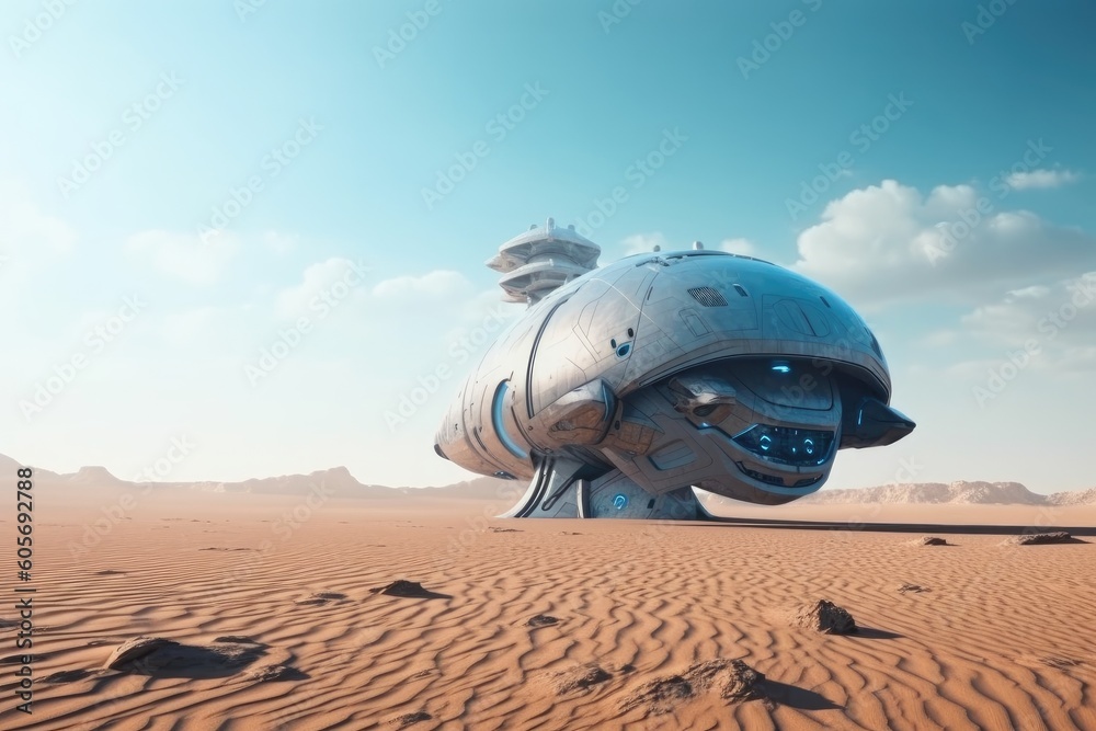 Sticker futuristic spaceship landing on alien planet, with advanced technology and futuristic design, create