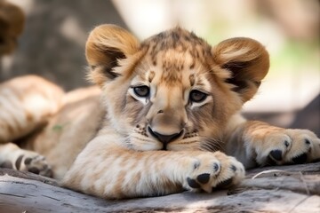 Fototapeta na wymiar Lion cubs in Africa rest with blurred background. made with Generative AI